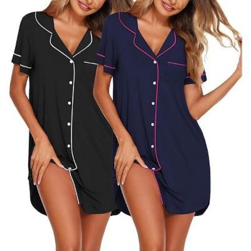 Ekouaer Nightgowns for Women 2 Pack Button Down Sleepwear Short Sleeve Sleepshirts Soft Nightshirts Boyfriend Pajama Dress A_black/Navy Blue S