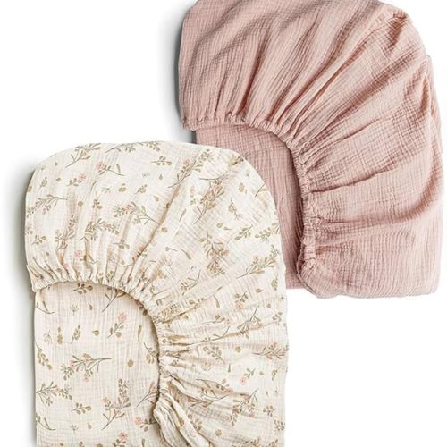 Konssy Muslin Crib Sheets for Girl Boy, 2 PCS Soft and Breathable Cotton Baby Sheets for Standard Crib Mattress, 52"x 28" (Floral, Pink)
