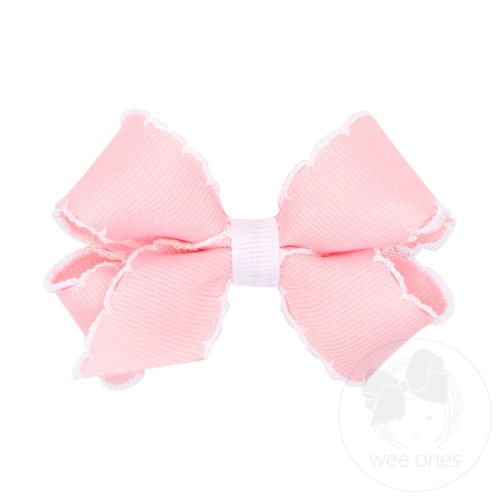 Mini Moonstitch Grosgrain Hair Bow with Contrasting Wrap - LPK W/ WHT | Wee Ones Hair Bows & Accessories
