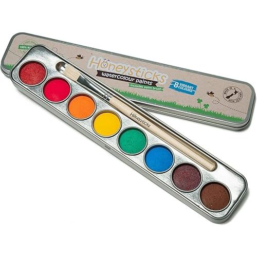 Honeysticks Non-Toxic Watercolor Paint Set for Kids and Toddlers - 8 Vibrant and Long Lasting Colors with Brush - Natural and Food Grade Ingredients - Child Safe Art Supplies - Great Gift Idea