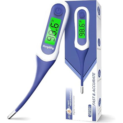 Digital Oral Thermometer for Adults Kids, 8‑Second Fast Reading Soft Flexible Tip Thermometer, 3‑Color Backlight Fever Alarm, Waterproof, Oral Rectal Underarm Use,with Storage Case Dark Blue
