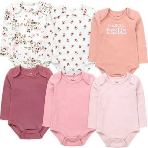 Baby Essentials 6-pack Long Sleeve Bodysuits,Solid & Printed Designs, Soft Stretch Polyester Spandex, Snap Closure