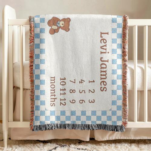 Personalized Baby Boys Milestone Blanket Bear Customized Name Blanket Baby Boy Gift Newborn Keepsake Custom Milestone Blanket Woven Cotton