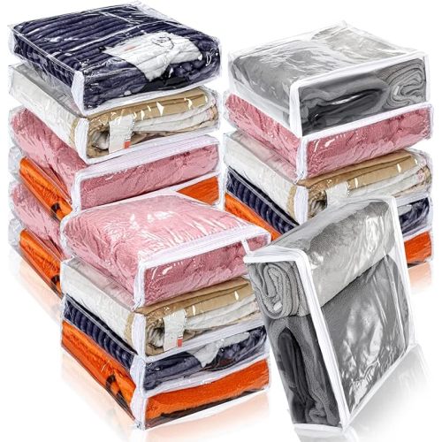 16 Pcs Clear Zippered Storage Bags Plastic Sweater Bags with Zipper 12 x 12 x 4 Inch Vinyl Sheet Organizer and Storage for Clothing Blankets Sheet Linen Bed Pillow Cube Organizer
