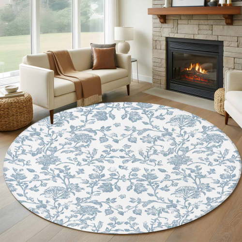 Pastoral Flowers Round Rugs for Living Room 6ft Vintage Light Blue Flower Farmhouse Plant Non Slip Circle Rug Washable Low-Profile Indoor Carpet for Bedroom, Dining Room, Bathroom