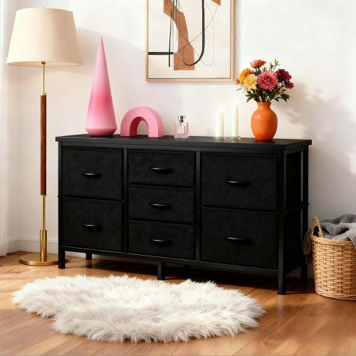 edx 7 Drawer Dresser for Bedroom, 47.2" Fabric Chest, TV Stand for 50, 55 inch TV, Wide Storage Organizer for Closet, Hallway & Living Room, Black