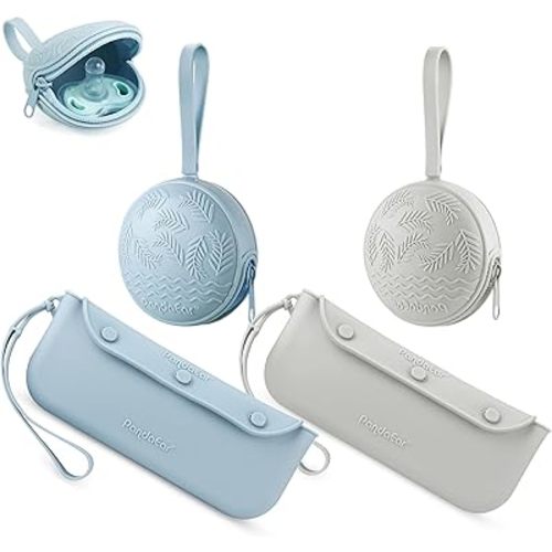 PandaEar 4 Pack Pacifier Holder Case Set, 2 Pack Silicone Portable Travel Pacifier Pouch & 2 Pack Silicone Baby Cutlery Holder Bags, BPA Free, Universal Accessories Holders (Light Blue,Grey)