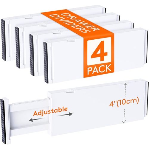 Lifewit 4 Pack Drawer Divider 4" High,11-17" Drawer Dividers for Clothes, Adjustable Clothing Drawer Organizers, Expandable White Dresser Drawer Separators for Bedroom, Bathroom, Vanity, Office