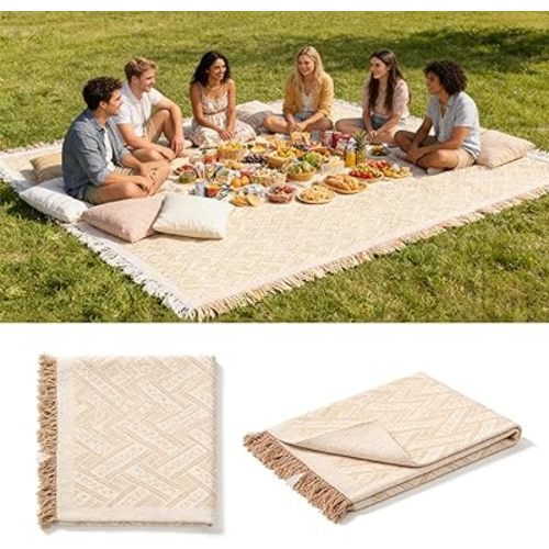 Extra Large Picnic Blanket 91"×71", Oversize Beach Woven Cotton Picnic Blankets Machine Washable, Sandproof Portable for Family Camping Beach Travel (Beige)