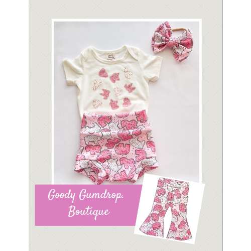 Baby Girl Toddler frosted ANIMAL COOKIE bodysuit Bummies Flare Pants Bow set 0/3-24 mos Headband diaper cover Birthday Gift Circus Bells