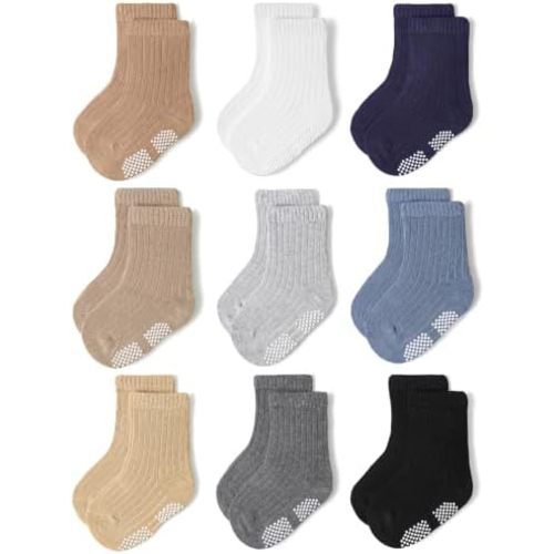 Baby Toddler Crew Socks, Non Slip Sole Combed Cotton for Boy Girl 9 Pairs