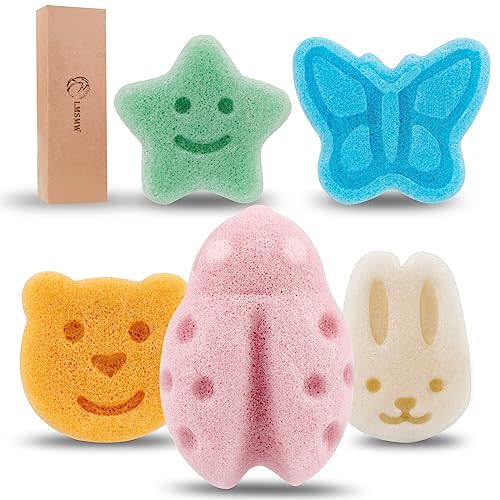 Konjac Baby Sponge Set for Bathing - Natural Soft Bath Sponges for Infants Newborns Toddlers with Cute Cartoon Shapes Safe Organic Kids Baby Bath Loofahs Ideal for Toddler Bath Time (5pcs)