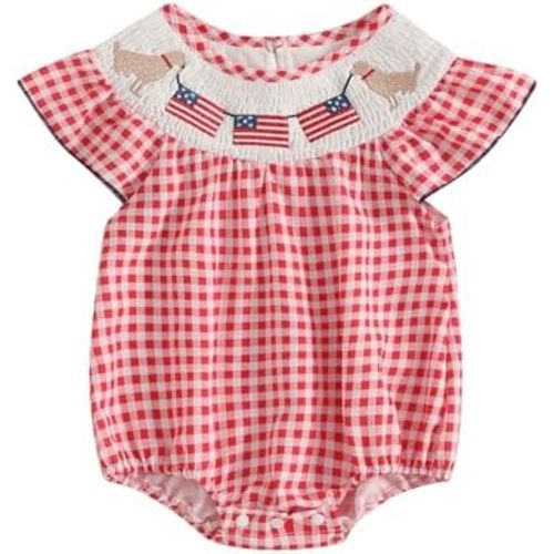 4th of July Baby Girl Outfit USA Flag Embroidery Smocked Bubble Romper Plaid Ruffle Sleeve Bodysuit Summer Clothes