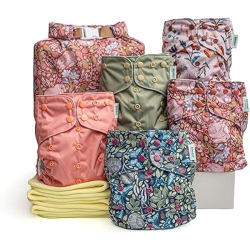 Kinder Cloth Diapers Reusable Baby Diapers Pocket Style Athletic Wicking Jersey, Bamboo Viscose Inserts, Wet Bag, Newborn to Potty Training 7-60lbs, One Size (Garden Party, 5 Pack, with Inserts)