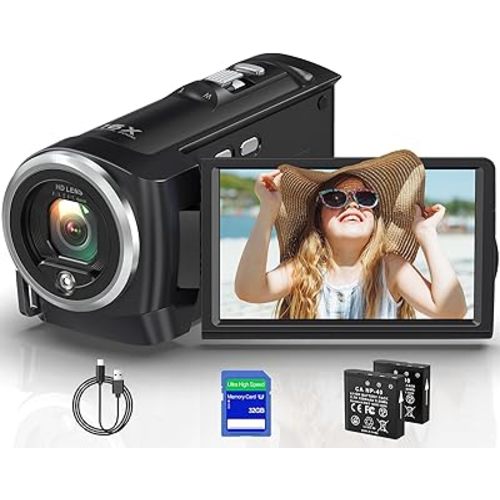 2.7K Video Camera Camcorder QHD 56MP YouTube Vlogging Camera Webcam 16X Digital Zoom with 32G SD Card 270 Degree Rotation Screen Camcorders and 2 Batteries Recording While Charging