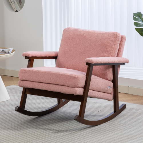 Rocking Chair, PAPROOS Teddy Upholstered Rocker Chair, Glider Rocker Accent Chair with Cushion, Rocking Chair for Nursery, Armchair Reading Chair for Living Room Bedroom, Pink