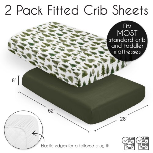 Sweet Jojo Designs Sage Green Woodland Boy Girl Gender Neutral Unisex 2 Pack Fitted Crib Sheets Solid and Forest Pine Tree Woods
