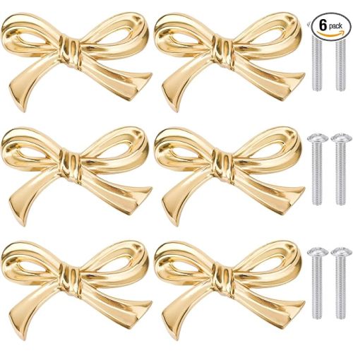 6pcs Bow Shape Cabinets Knobs, Brass Bow Furniture Door Pulls Vintage Gold Drawer Knobs Decorative Bow Dresser Handle Gold Bow Hardware for Dresser Home Kitchen Cupboard Drawer Wardrobe Pulls