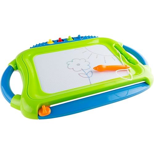 Hey! Play! Magnetic Doodle Board – Classic Drawing, Writing and Sketching Creative Toy with 4 Magnet Stamps, Pen and Eraser for Toddlers and Babies Green/Blue, 18.5" x 12.5"