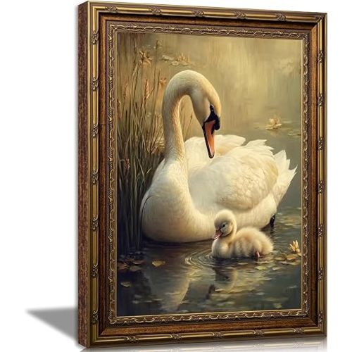 FTHMTN Vintage Gold Framed Mother And Baby Swans Canvas Wall Art 12x16 inch | Elegant White Swan Wall Decor, Cottagecore Lake Animal Painting, Pond Wildlife Picture for Nurseries Living Room Bedroom