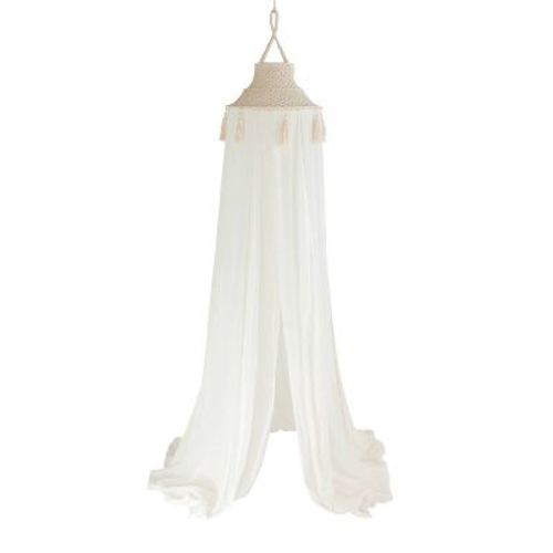Storied Home White Cotton Macrame Canopy with Tassels: Modern Abstract Vertical Wall Art, Metal Frame, Dry Dust Care