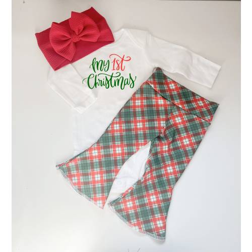 My First Christmas Baby Outfit: Plaid Bells, Bodysuit & Bow