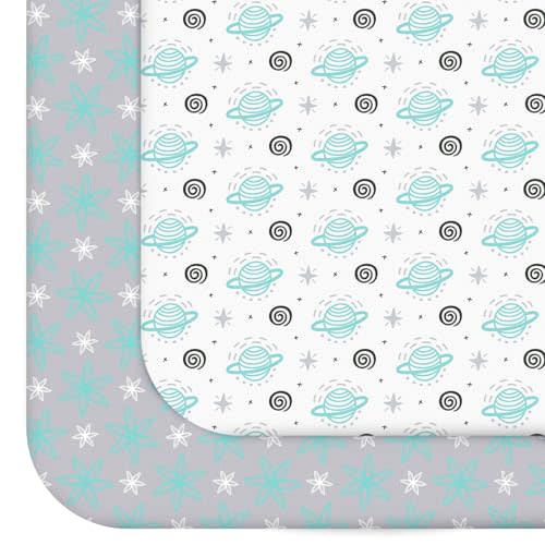 Pack and Play Sheets, 2 Pack Mini Crib Sheets, Stretchy Playard Fitted Sheet, Compatible with Graco Pack n Play, Soft and Breathable Material, Planet & Flower