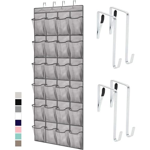 GORILLA GRIP Over the Door Shoe Organizer, 24 Large Breathable Mesh Pockets, Space Saving Hanging Storage Holder, Closet Rack Hanger Holds Up to 40 lbs, Hangs on Closets for Shoes, Accessories, Gray