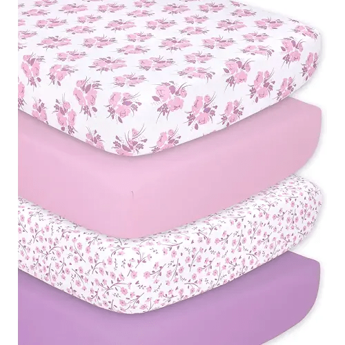 The Peanutshell 4-Pack Fitted Crib Sheet Set - Super Soft & Breathable Baby Girl Crib Sheets, Nursery Decor, Fit for Standard Crib Mattress Sheet - Floral