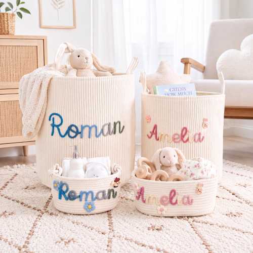 Personalised Toy Basket, Custom Nursery Storage Bin, Embroidered Baby Shower Gift, Corduroy Laundry Basket, Cotton Rope Kids Gift Basket