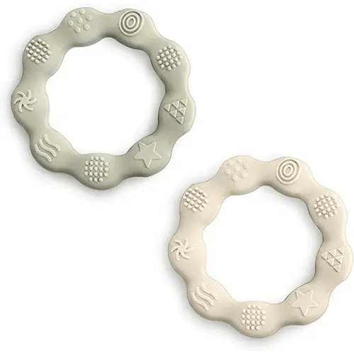 KIDSco. 2 Pcs Silicone Teething Rings for Babies | Infant Teething Toys for Babies 6-12 Months | Food Grade Silicone Baby Toy Rings (Green and Cream)
