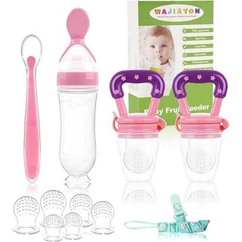 WAJIAYON Baby Fruit Feeder Pacifier | Infant Food Feeder Pacifier & Food Dispensing Spoon | Mesh Fresh Fruit Teethers for Babies | Silicone Feeder Baby Shower Gifts for Boys and Girls (Pink)