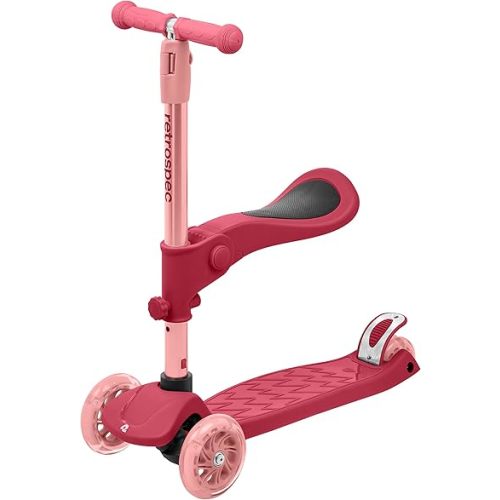 Retrospec Chipmunk Plus Kids’ Kick Scooter 3+ Years - Height Adjustable 3 Wheel Scooters - Learn to Steer, Foldable Seat, LED Lights, & No-Slip Deck