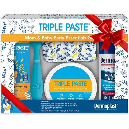Triple Paste Mom & Baby Gift Set, New Baby Essentials Kit, 5-Piece—Diaper Rash Ointment 8oz Jar & 2oz Tube, Spatula Applicator, Dermoplast Spray, Multi-Use Cover, Mom Postpartum Essentials