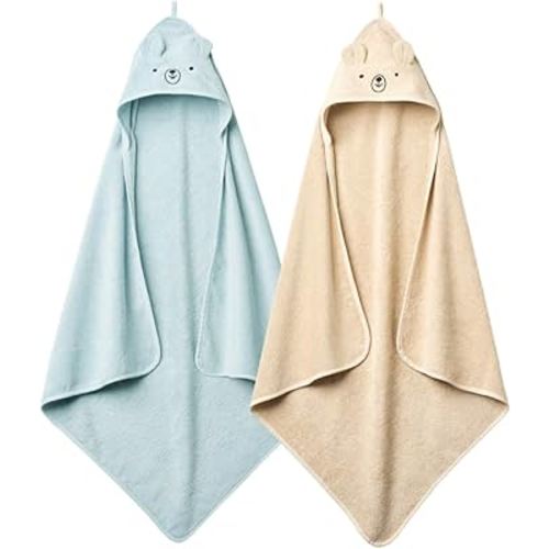 Baby Hooded Towel – Organic Cotton Baby Bath Towels, 32" x 32" Super-Soft and Absorbent Baby Towels for Newborn 2-Pack (Bear Fog/Baby Blue)