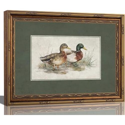 sezhylee Vintage Gold Framed Mallard Duck Wall Art Rustic Wildlife Animal Canvas Print Retro Hunting Farmhouse Cottagecore Oil Painting Bathroom Nursery Decor 12x16 Inch