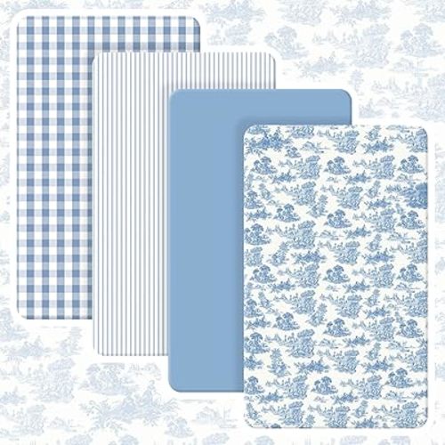 Peryiter 4 Pack Crib Sheets Blue Toile Soft Baby Bed Sheet Set 52'' x 28" Nursery Crib Sheets for Standard Bed Toddler Mattress Nursery Decor Boys Girls Kids Baby