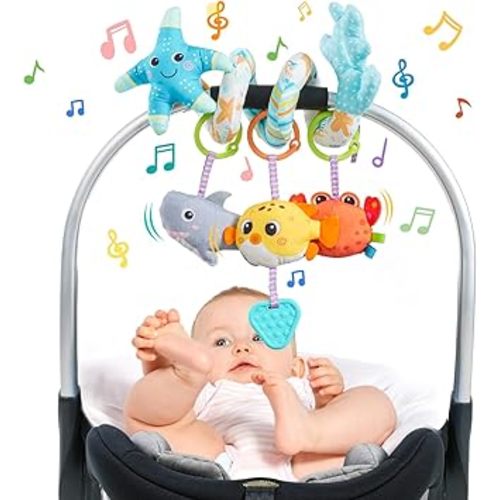 Jollybaby Crib Stroller Car Seat Toys for Baby 0-3-6-9-12 Months, Tummy Time Hanging Sensory Toys for Newborn with Music Box and Teether, Spiral Carseat Toy for Infant Boys Girls Gifts (Blue)