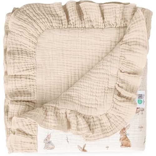 lulumoon Muslin Baby Blanket for Girls: Breathable Soft Cotton with Ruffle Edge - Lightweight Crib Blanket for Stroller & Photography Backdrop 40"x36"(Bunny)