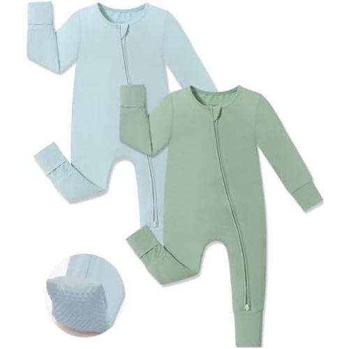 JunNeng Viscose from Bamboo Sleeper with Mittens, 2 Way Zipper Baby Boy Pajamas, Non Slip Sleep'N Play Romper