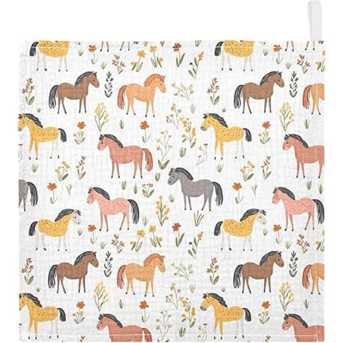 vvfelixl Cartoon Horses Graze Baby Burp Cloths Baby Muslin Washcloths for Boys Girls Cotton Babys Face Towel for Newborn Infants Soft and Absorbent 11.8 X 11.8 in, 5 Pack