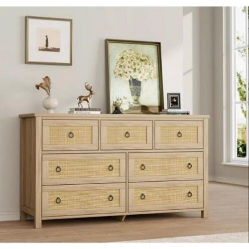 47.2" Freestanding Rattan Cabinet Dresser with Anti-Tip Design and Storage Drawers, Wooden Closet Dressers Chest for Bedroom, Living Room