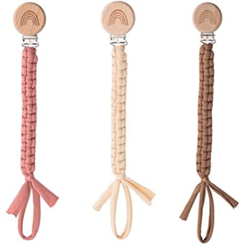Pacifier Clip for Boys Girls Pacifier Holder Leash Boho Rainbow Wooden Clips Handmade Braided Cotton Unisex Baby Shower Birthday Gift Christmas Gift