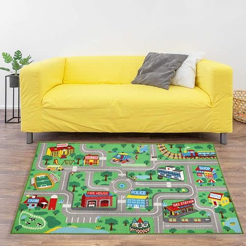 Yincimar Kids Play Rug 5.2x3.3 ft Town City Road Map Area Rug for Bedroom Playroom