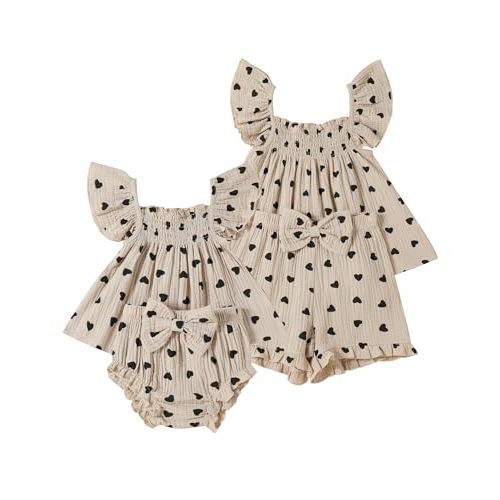 Sister Matching Outfits Toddler Baby Girl Summer Clothes Ruffle Tops with Bow Bloomers Shorts Set