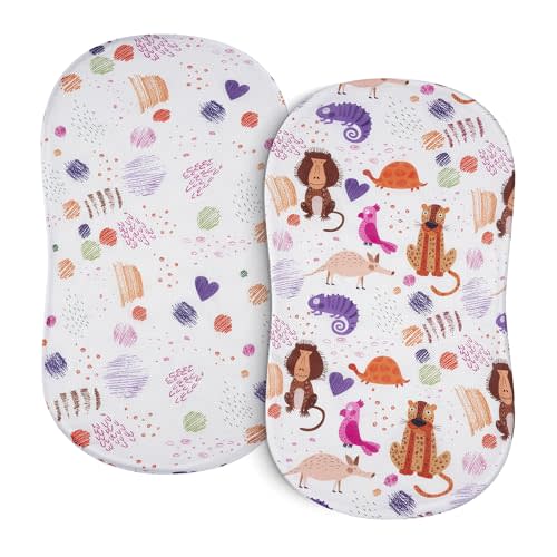 TILLYOU Baby Bassinet Sheets for Girls Boys, Fit for Hourglass Oval Rectangle Bassinet Mattress Sheets, 33”X16”, 2 Pack Animal Graffiti & dot Printing