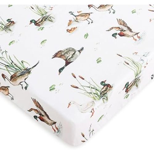LifeTree Pack and Play Sheets Fitted for Baby, 38" x 26" x 2" Muslin Playard Mattress Pad Cover,70% Viscose from Bamboo and 30% Cotton, Mallard Duck Pattern
