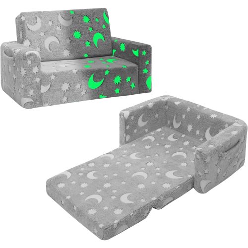Toddler Couch, Toddler Chair Folding, Kids Couch 2 in 1 Kids Sofa Glow in The Dark Couch, Gifts Sleeper for Girls Boys - Gray Sky