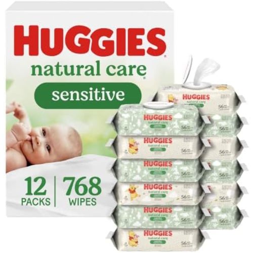 Huggies Natural Care Sensitive Baby Wipes, Unscented, Hypoallergenic, 99% Purified Water, 12 Flip-Top Packs (768 Wipes Total), Packaging May Vary
