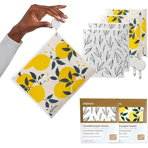 Papaya Reusable Paper Towels 4-Pack - 4 Sheets + 2 Hooks, Quick Drying, No Odor, 1 Sheet Replaces 17 Rolls, Washable Kitchen Cloth, Sustainable Dish Sponge, Eco Friendly Gift (Golden Hour)